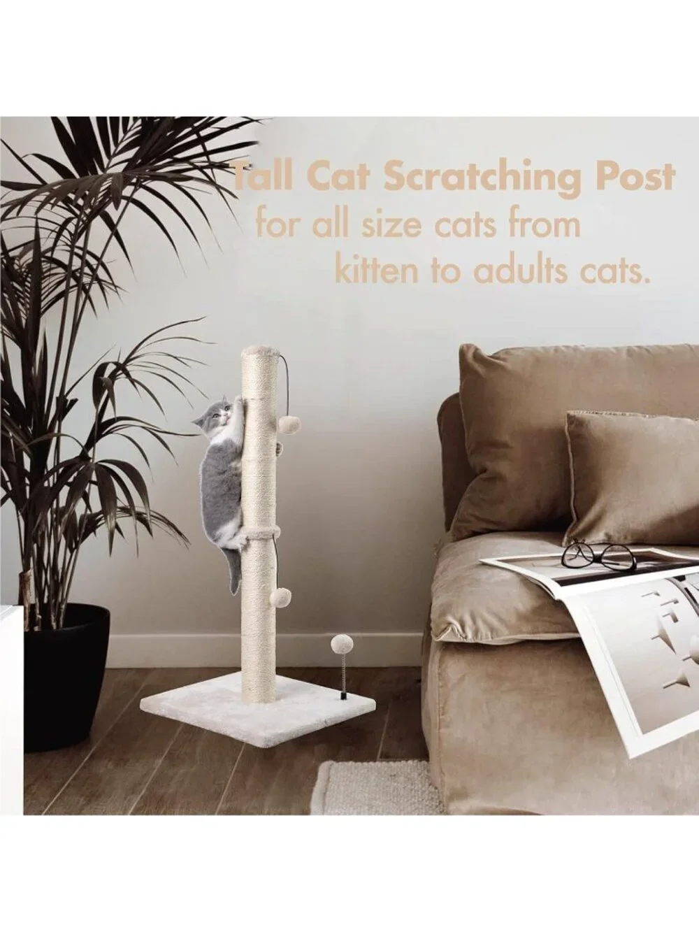 New 34” Tall Cat Sisal Scratch Tree with Hanging Ball for Indoor Cats